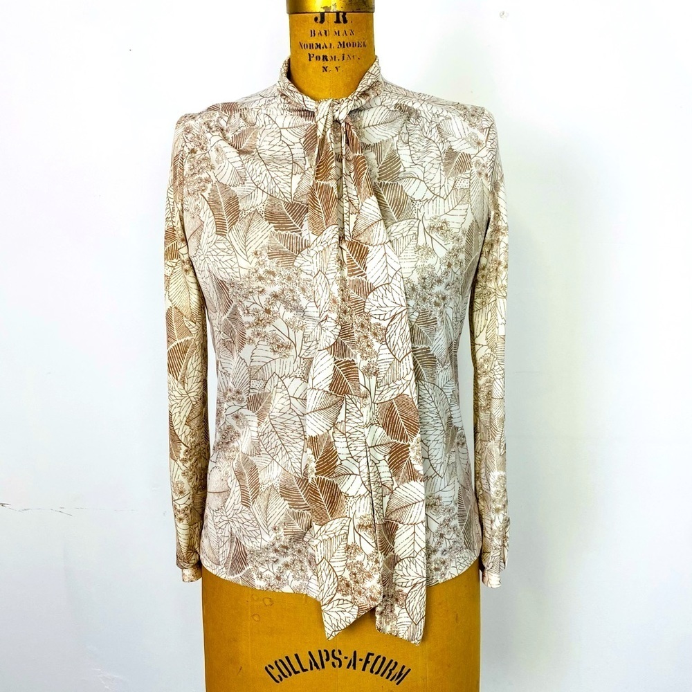 Vintage Novelty Print Polyester Tie Neck Blouse by Devon, Women's Button-Down